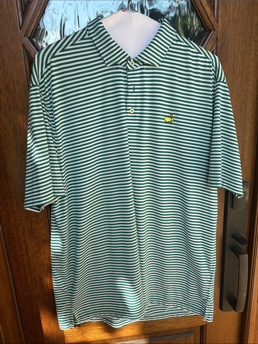 Masters Striped Green and White Polo Shirt with Embroidered Logo
